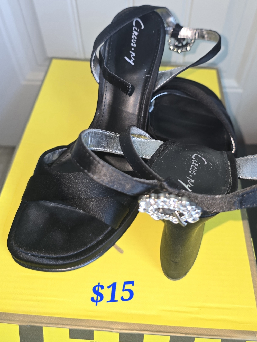Sam Edelman Black Satin Heeled Sandals with Crystal Buckle